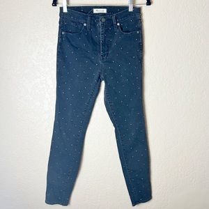 Madewell 10” high rise skinny black distressed polka dot jeans